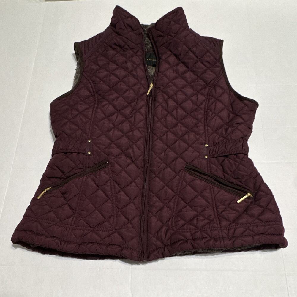 Weatherproof Women's Burgundy Quilted Zip Vest Faux Fur Lined Size L/G